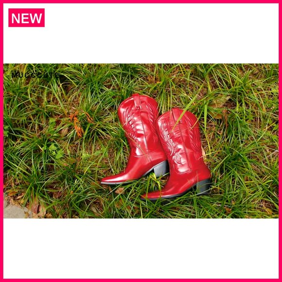 Mid Calf Cowboy Boots with Embroidered Floral Design, Chunky Heel - Picture 8 of 8